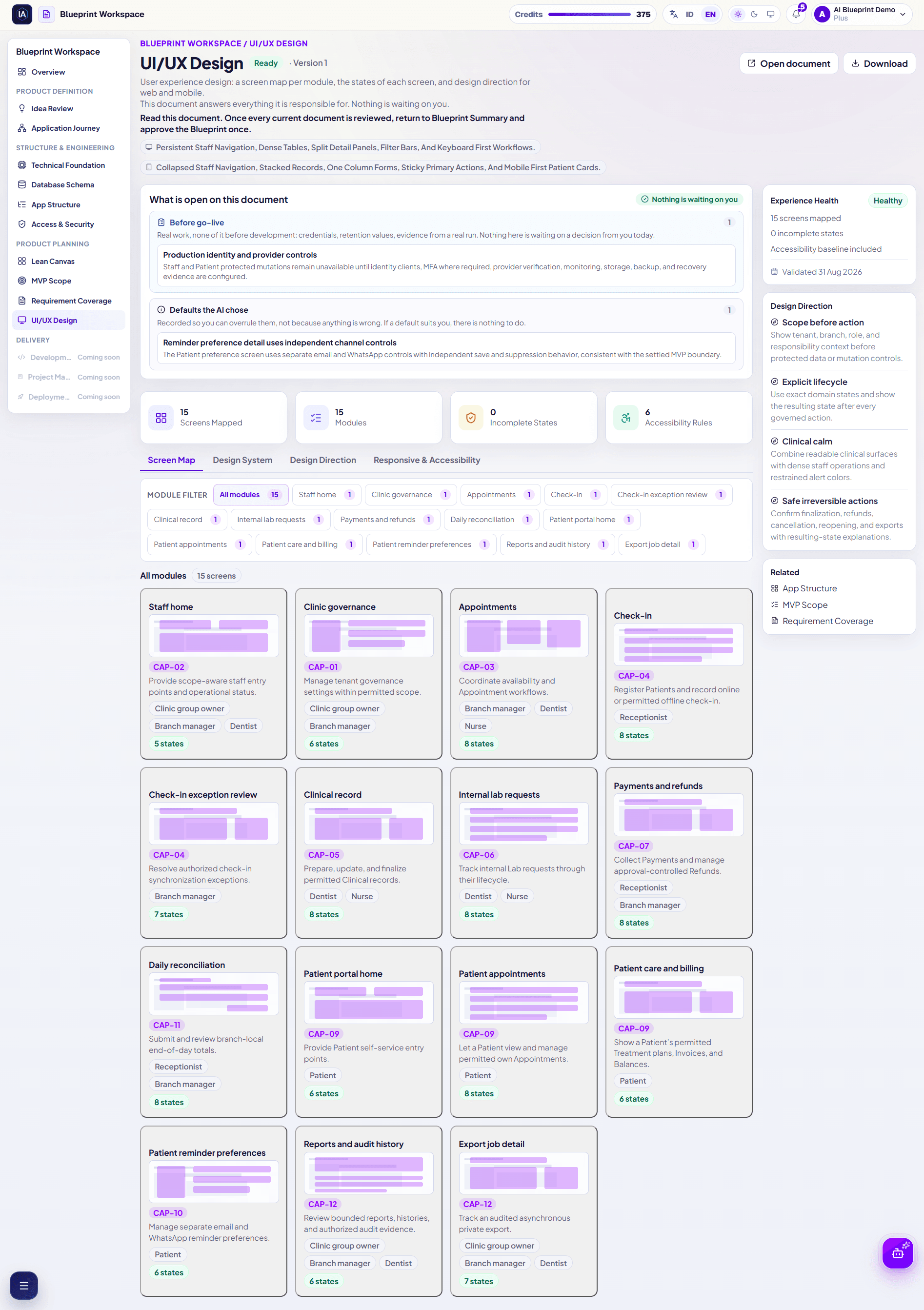 Multi-Tenant Dental Clinic PWA UI UX Design page with fifteen screen cards.